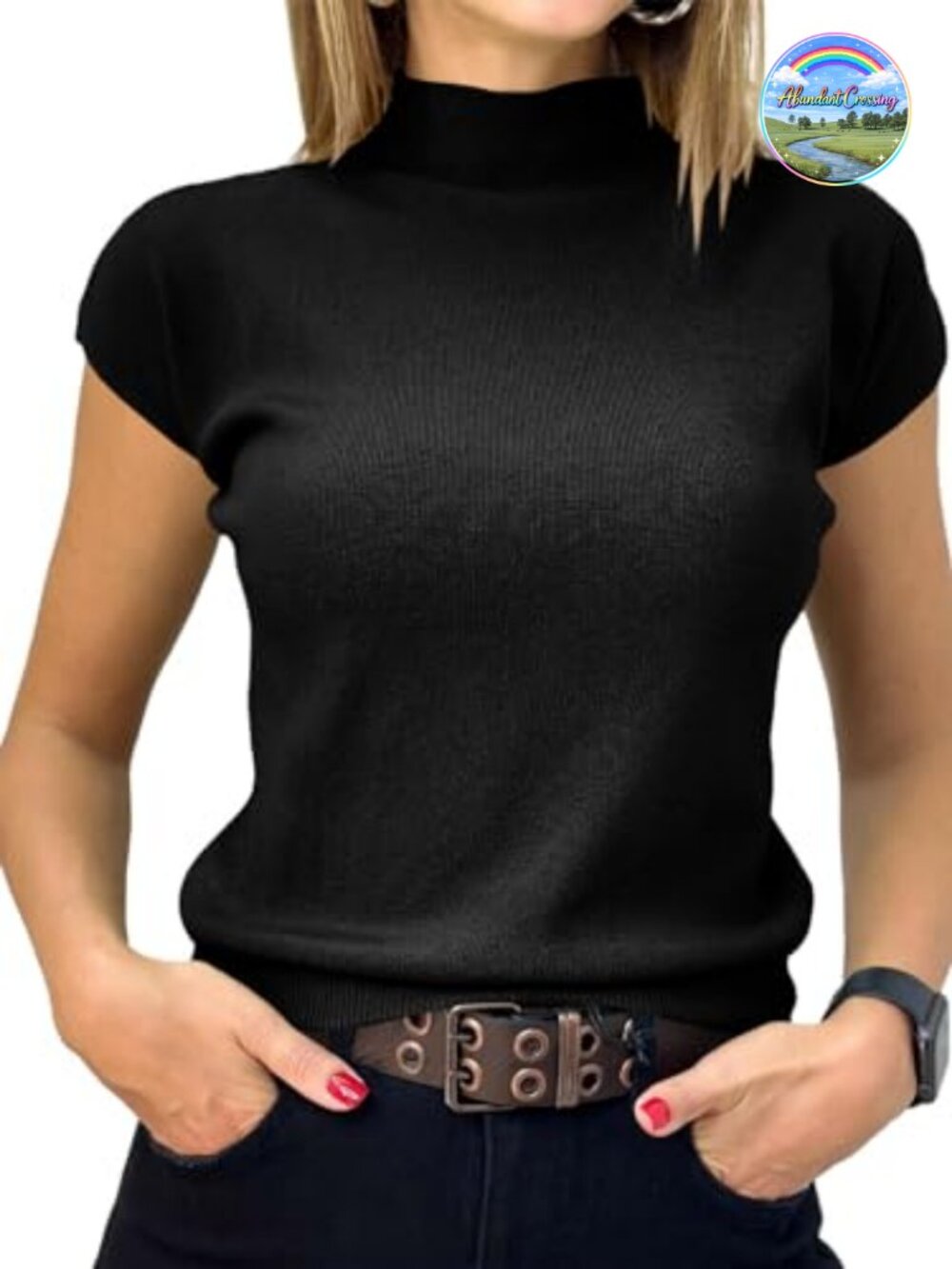 Short Sleeve Mock Neck Ribbed Knit Pullover Sweater Slim Fit Summer Top